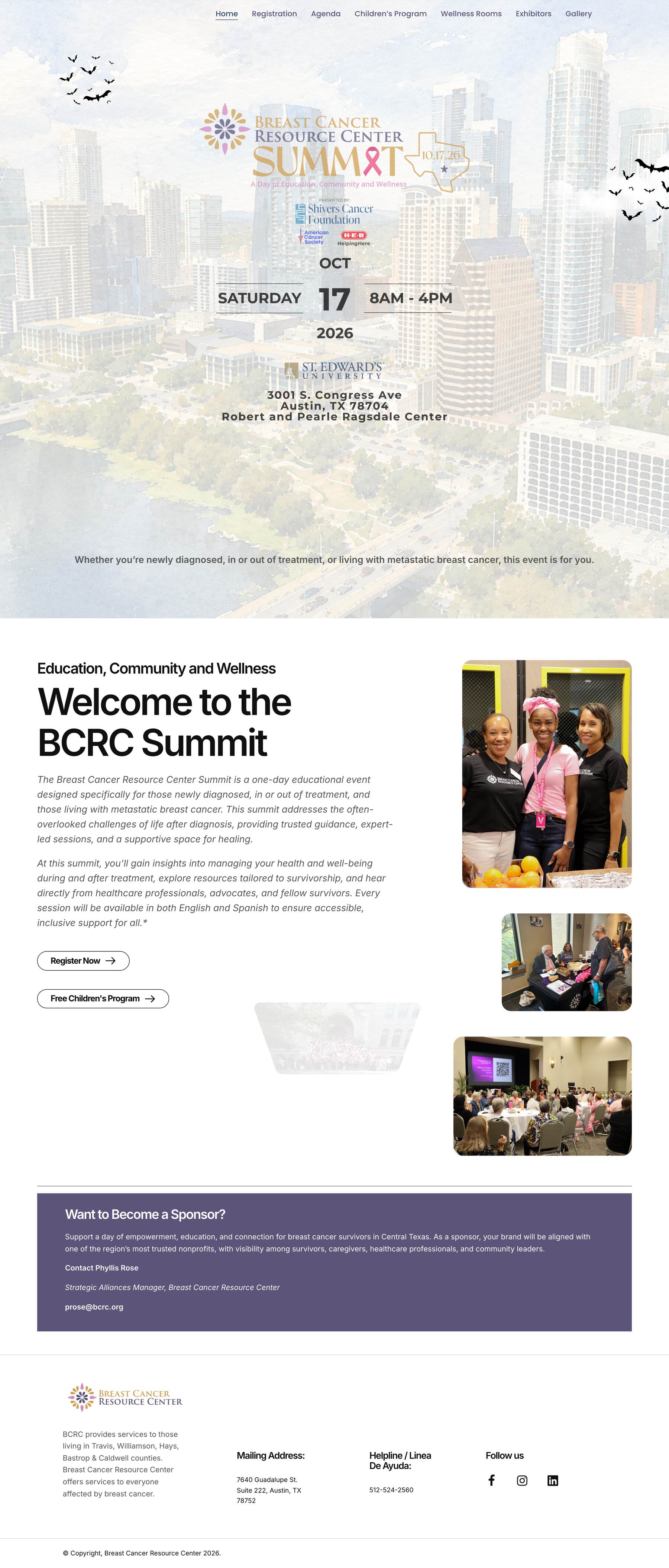 Breast Cancer Resource Center home page, top to bottom