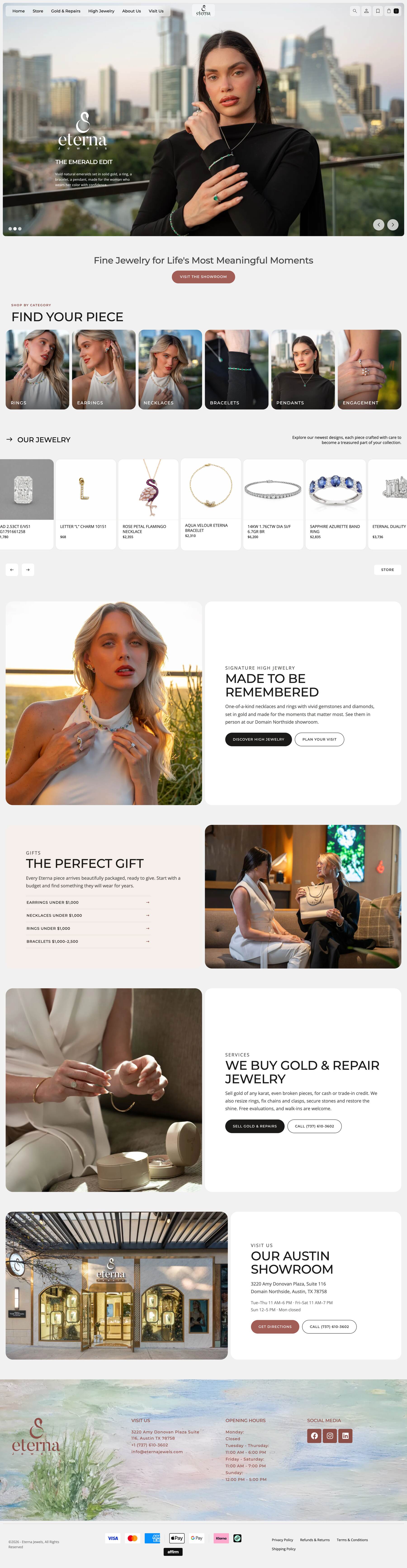 Eterna Jewels home page, top to bottom