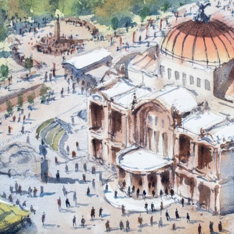 a watercolor of a building with a dome roof