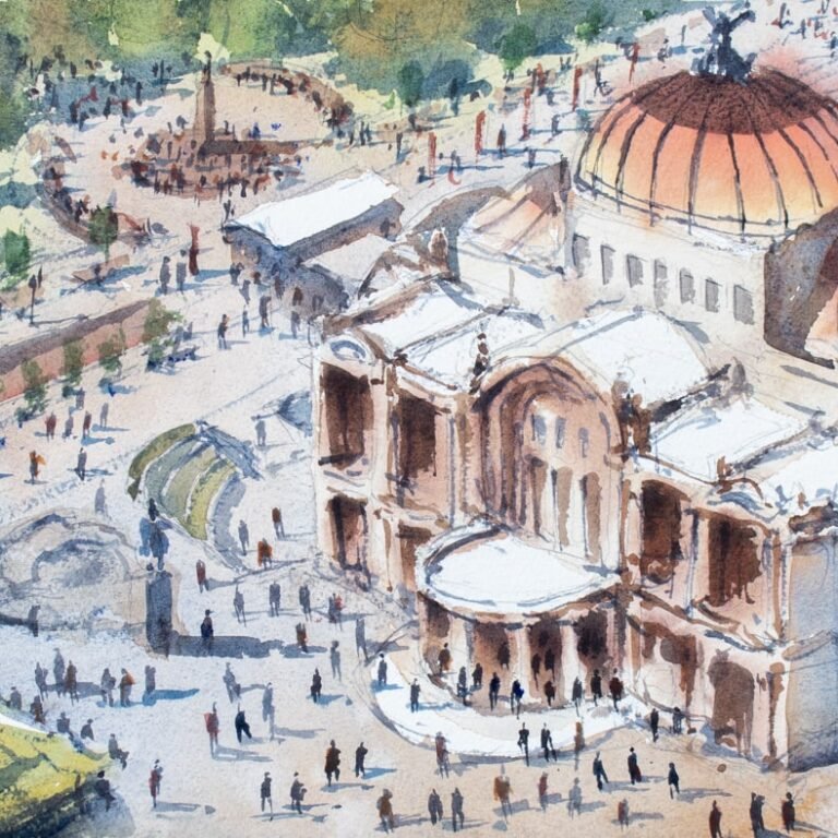 a watercolor of a building with a dome roof